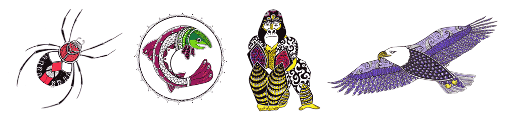 Animal Spirit Chakra Guides - Zentangle ZIA spirit drawings by Elizabeth L James